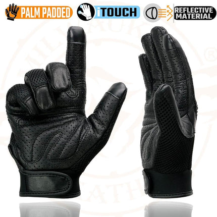 Milwaukee Leather MG7503 Guantes de motociclismo para hombre de cuero negro compatibles con pantalla táctil i-Touch con malla y reflectores - Pequeño