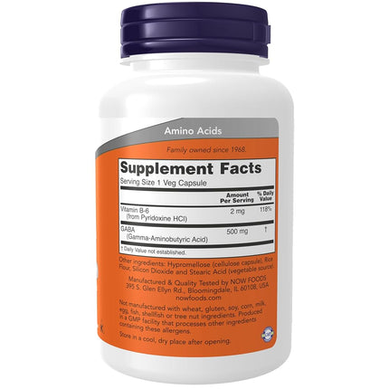 Now Supplements, GABA (Gamma-Aminobutyric Acid)500 mg + B-6, 100 Count, Veg Capsules