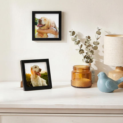 Americanflat 3x3 Picture Frame with Polished Crystal-Clear Glass - Streamline Collection - Thin Border Square Frame for Tabletop Display - Easel Stand Included - Black