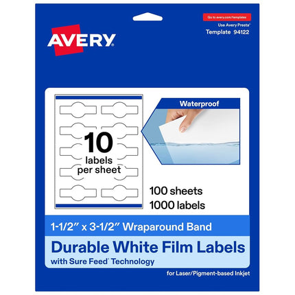 Avery Durable Waterproof Cigar Labels with Sure Feed, 1.5" x 3.5", 1,000 Oil and Tear-Resistant Waterproof Labels, Print-to-The-Edge, Laser/Pigment-Based Inkjet Printable Labels