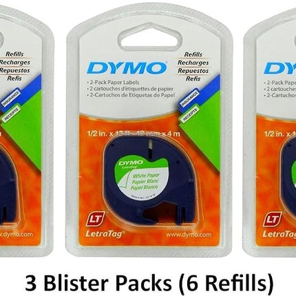 3 x DYMO LetraTag Labeling Tape for LetraTag Label Makers, Black Print on White Paper Tape, 1/2'' W x 13' L, 2 Rolls (10697)