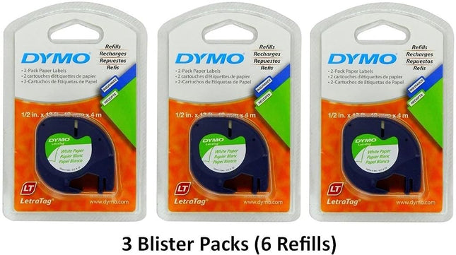 3 x DYMO LetraTag Labeling Tape for LetraTag Label Makers, Black Print on White Paper Tape, 1/2'' W x 13' L, 2 Rolls (10697)