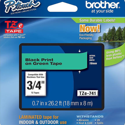 Brother Laminated Tape Black on Green, 18 mm (TZe741)