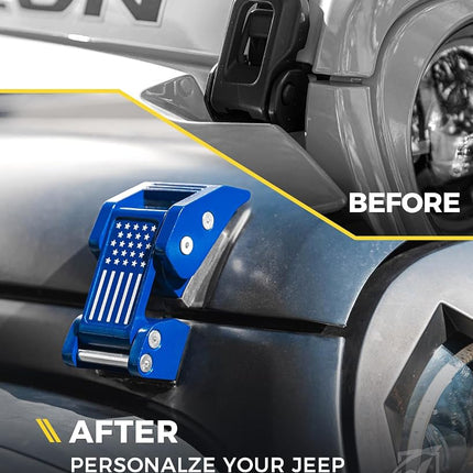 Xprite U.S. Flag Hood Latches Compatible with 2007-2018 Jeep Wrangler JK JKU & 2018-2025 Jeep Wrangler JL JLU & 2020+ Gladiator JT - Secure Aluminum Hood Locks, Blue