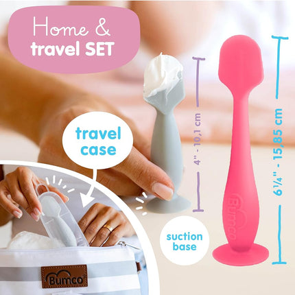 Spatule à crème de change Bumco + mini brosse pour crème de bébé avec étui de voyage – Kit d'application de crème pour les fesses, essentiel de bébé, brosse à crème de change, rose et gris