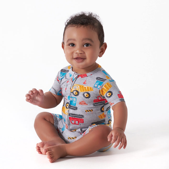 Gerber Unisex Baby Buttery Soft Short Sleeve Romper with Viscose Made from Eucalyptus, Construction, 12 Months