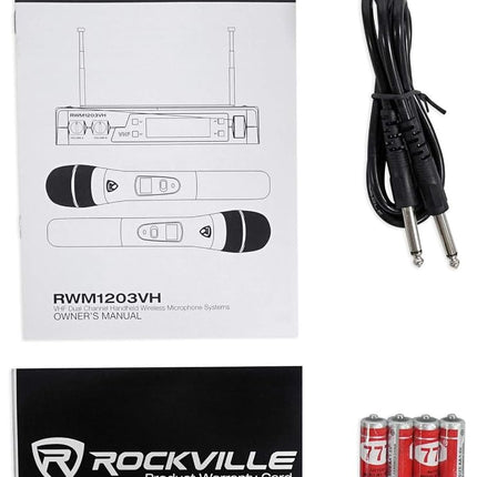 Rockville RWM1203VH Dual Wireless Handheld Microphone System, 2 Mics, VHF Long Range, Clear Sound, Digital Display, for Karaoke, Stage, Church, Live Events