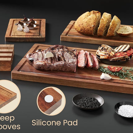 Fibogollo Set of 3 Acacia Wood Kitchen Cutting Boards with Holder