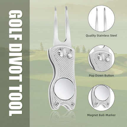 Mile High Life 4 Pieces Golf Divot Repair Tool w Magnetic Golf Ball Marker | All Metal Foldable Divot Tool w Pop-up Button | Golf Club Holder | Golf Accessories for Men (2 Black,2 Silver)