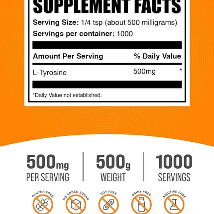 BulkSupplements.com L-Tyrosine Powder - Sports Nutrition, Amino Acid Supplement - Unflavored & Gluten Free, 500mg per Serving, 500g (1.1 lbs) (Pack of 1)