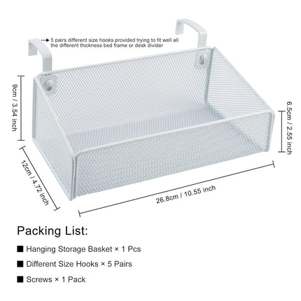 Bedside Shelf for Bed & Bunk Bed Storage Basket Desk Partition Divider Hanging Organizer with 5 Different Size Hooks - College Dorm Home Office Essentials for Nightstand,Phone,Book,Drink,Tissue(White)