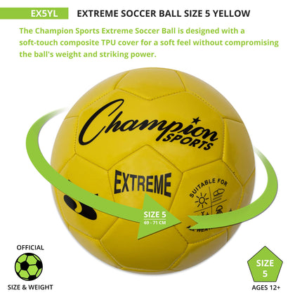 Champion Sports Extreme Series Soccer Ball Regulation Size 5 - Collegiate, Professional, and League Standard Kick Balls - All Weather, Soft Touch, Maximum Air Retention - For Adults, Teenagers, Yellow