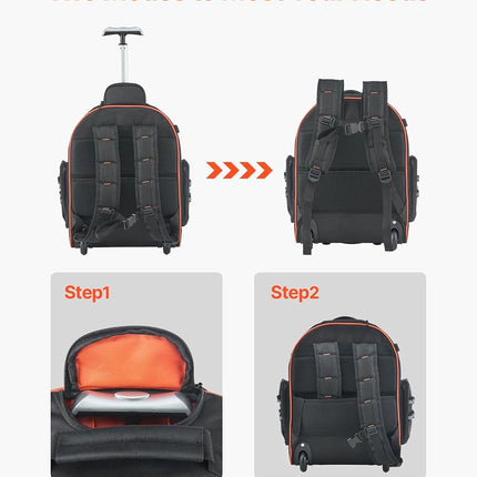 VEVOR Rolling Tool Backpack, 110 lbs Load Capacity, 45 Pockets Heavy Duty Roller Tool Bag on Wheels, Adjustable Telescoping Handle & Stable Base, Toolbag Organizers for Construction, Mechanic