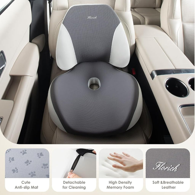 FLORICH Lumbar Support Pillow and Car Seat Cushion for Driving Car Office Chair, Memory Foam Back Support Pillow and Office Seat Chair Cushion for Sciatica Pain Relief - Grey