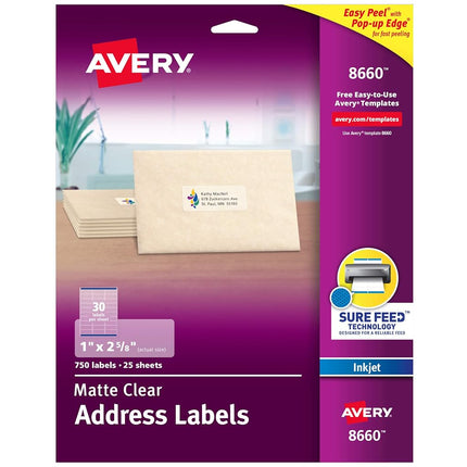 Avery Matte Clear Address Labels, Sure Feed Technology, Inkjet, 1" x 2-5/8", 750 Labels, 5 Packs (8660)