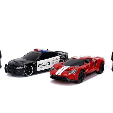 Jada Toys Hyperchargers Heat Chase Radio Control Vehicle - Twin Pack with USB Charging (2Piece), 1: 16 Scale, 2015 Dodge Charger SRT Hellcat & 2017 Ford Gt