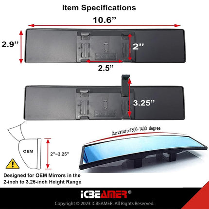 ICBEAMER 10.6" 270mm Easy Clip on Wide Angle Panoramic Blind Spot Fit Auto Interior Rearview Mirror Convex Blue Surface