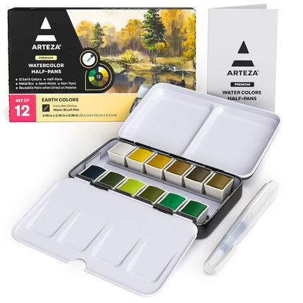 Set de Pinturas de Acuarela ARTEZA con Pincel de Agua, 12 Medias Pastillas de Acuarela en Tonos Tierra, Semihúmedas, Materiales de Arte para Pintar Impresionantes Paisajes