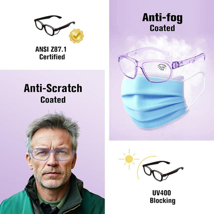 ProtectX Stylish Anti-Fog & Scratch-Resistant Safety Glasses With Readers, UV Protection Goggles, Anti-Impact Lightweight Glasses for Men＆Women Lilac Reading 2.0-2 Pack