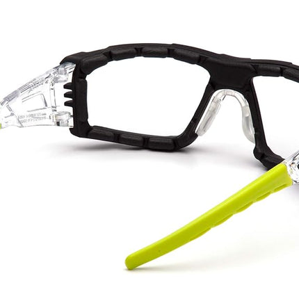 Pyramex Fyxate Safety Glasses Clear Lens H2MAX AF with Foam Padding and Lime Temples