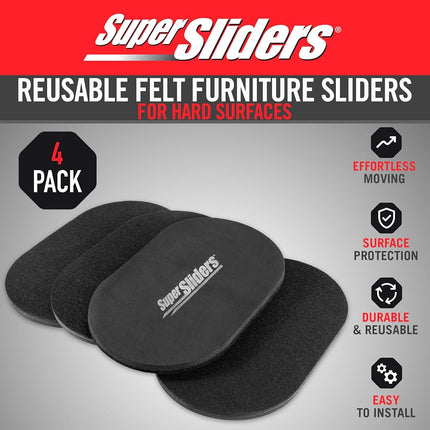 Super Sliders 5 3/4" x 9 1/2" Oval Reusable Furniture for Hard Surfaces - Effortless Moving and Surface Protection, Black (4 Pack)