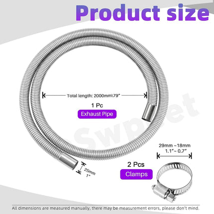 Swpeet 3Pcs 1" x 79" - 25mm x 200cm Stainless Steel Diesel Heater Exhaust Pipe with 18mm-29mm Hose Clamps Kit, Fuel Tank Air Heater Diesel Gas Vent Hose Exhaust Tubing for Car Vehicle