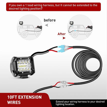 Nilight 2PCS 16 AWG 10 Feet Wiring Harness Extension Kit for LED Work Light Bar Led Pods Off Road Lights Driving Fog Light Boat Lighting