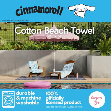 Sanrio Cinnamoroll Oversized Cotton Beach Towel, 30 x 60 Inch Large Soft & Absorbent Pool, Bath & Beach Towel (100% Officially Licensed Product) by Franco Collectibles