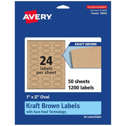 Étiquettes ovales Avery Kraft Marron avec Sure Feed, 2,5 cm x 5 cm, 1 200 étiquettes kraft marron, imprimables jusqu'au bord, compatibles imprimantes laser/jet d'encre