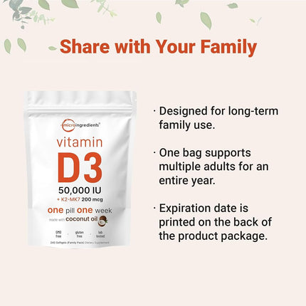 MICROINGREDIENTS Vitamin D3 50,000 IU Plus K2 (MK-7) 200 mcg, 240 Virgin Coconut Oil Softgels | 2 in 1 Vitamins D & K Complex Supports Calcium Absorption, Bone, Immune, Heart Health Easy to Swallow