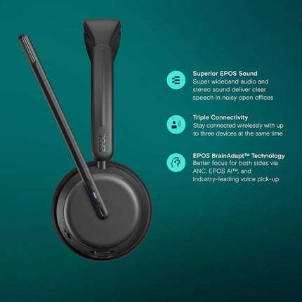 EPOS IMPACT 1060T ANC Adaptive Noise Cancelling Wireless Headset for PC with Active Noise Cancellation, EPOS AI Mic, Super Wideband Audio, Bluetooth, Wireless Charging, Microsoft Teams Certified