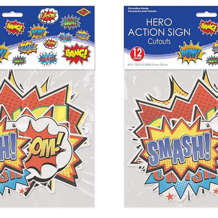 Beistle 24 Paper Theme Cut Outs 59902, 12 Piece Hero Action Sign Cutouts, 6" to 12.5", Multicolor