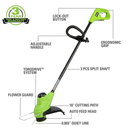 Greenworks 24V 10" Cordless TORQDRIVE� String Trimmer, 2.0Ah Battery and Charger Included