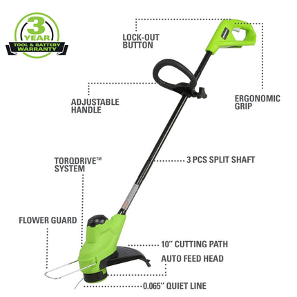 Coupe-bordures sans fil Greenworks 24 V 25 cm TORQDRIVE®, batterie 2,0 Ah et chargeur inclus