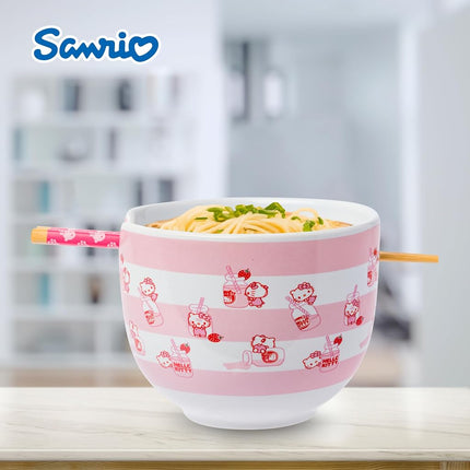 Silver Buffalo Hello Kitty Strawberry Drink Bottle Pink Stripe Ceramic Ramen Noodle Bowl with Chopsticks, Microwave Safe, 20 Ounces