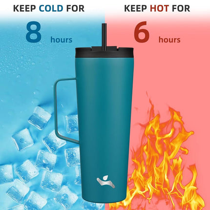 Konokyo Insulated Tumbler with Handle and Straw, 26 OZ Travel Coffee Mug Stainless Steel Cup Metal Water Bottle,Blue