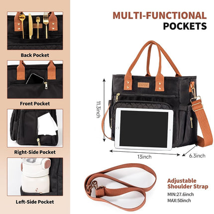 Large Women Lunch Bags for Work Insulated/Insulated Adult Lunch Box for Women/Durable Nylon Thermal Cooler Bag/Leakproof Cooler Tote Bag with Storage Pocket(Newly Upgraded Noir Black Brown Strap)