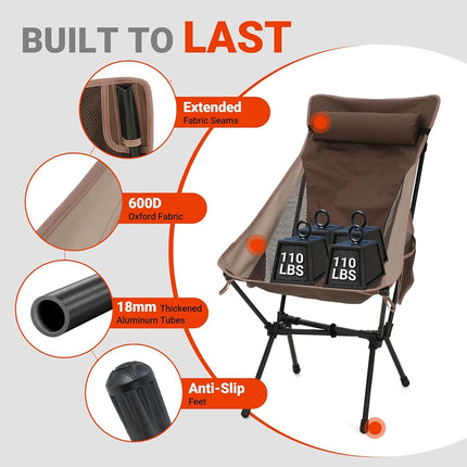 Overmont Portable High-Back Camping Chair - 440LBS Support Oversized Lightweight Folding Backpacking Chair for Adults - Compact with Detachable Pillow, Brown