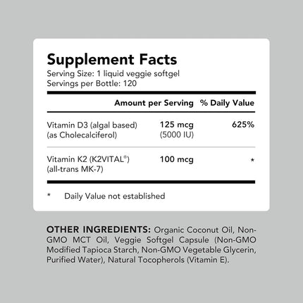 Premium Vegan D3 K2. 5000 iu Vitamin D from Algae. 100mcg All-Trans MK7 Vit K. 120 Plant-Based Carrageenan Free Softgels. Blended with Organic Coconut Oil. NO Lanolin, Gelatin, Lichen, or Soy. Non-GMO