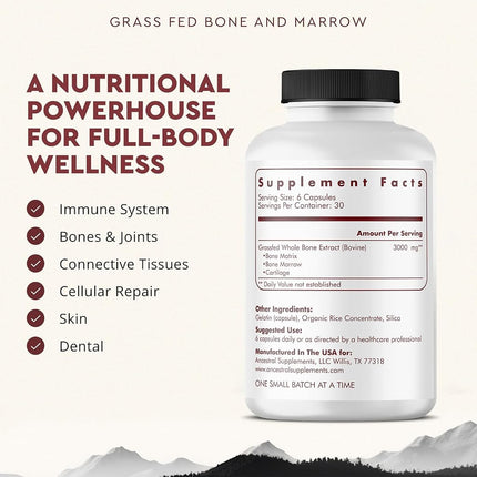 Ancestral Supplements Grass Fed Beef Bone and Marrow Supplement, Bone, Skin, Oral Health, and Joint Care Supplements Promote Whole-Body Wellness, Non-GMO Whole Bone Extract, 180 Capsules