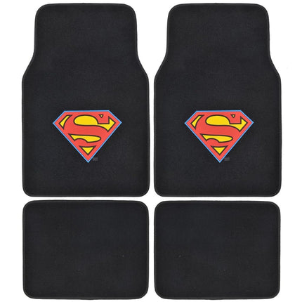 BDK Warner Brothers DC Comics Superman Car Accessories Floor Mats - Universal Fit Front 26 x 16.5 in & Rear 14 x 16.5 in, Full Set Black Car Mats with Non-Slip Grip