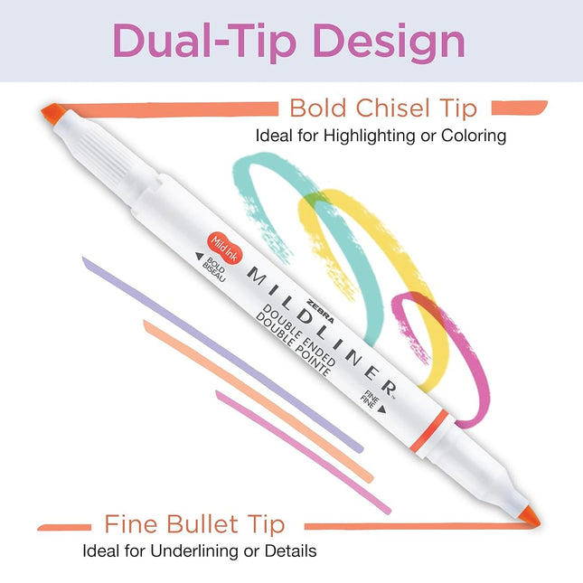 Zebra Pen Mildliner Double Ended Highlighter Set, Broad and Fine Point Tips, Assorted Ink Planner Colors, 8-Pack