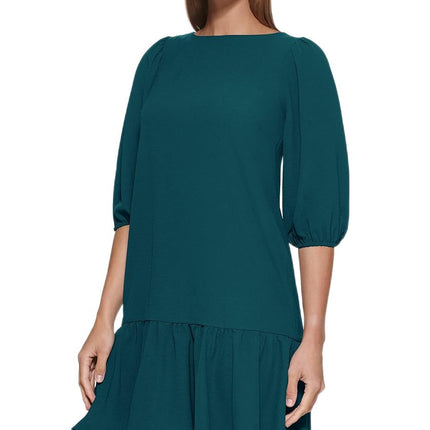 DKNY Womens Flowy 3/4 Sleeve Ruffle Hem Dress, Emerald Sea, 6