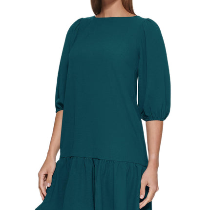 DKNY Womens Flowy 3/4 Sleeve Ruffle Hem Dress, Eme