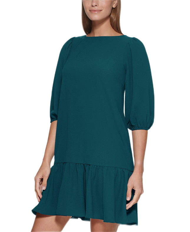 DKNY Womens Flowy 3/4 Sleeve Ruffle Hem Dress, Eme