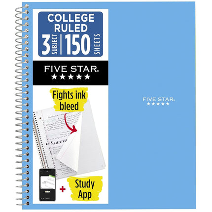 Five Star Spiral Notebook + Study App, 3 Subject, 