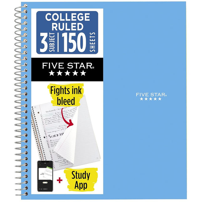 Five Star Spiral Notebook + Study App, 3 Subject, 