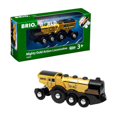 BRIO World Mighty Gold Action Locomotive Battery Powered Toy Train for Kids Age 3 Years Up - Wooden Railway Set Add On Accessories