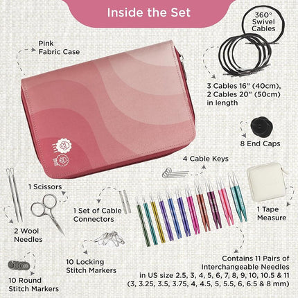 KnitPro Zing Interchangeable Needle Set – 11 x 10cm Circular Knitting Pin Pairs with Accessories Zing Regal Set, Colour Coded for Beginners, Professionals & Gift Set