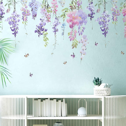 VePret Purple Flowers Wall Decals Peel and Stick, Large Hanging Floral Leaf Vinyl Wall Stickers, Removable Vine Home Decor Art for Bedroom Living Room Classroom Office